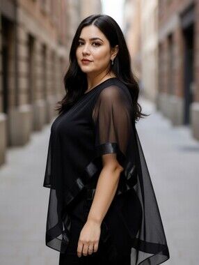 Dressbarn Black Beaded Sleeveless Blouse with Sheer Poncho-style Shawl